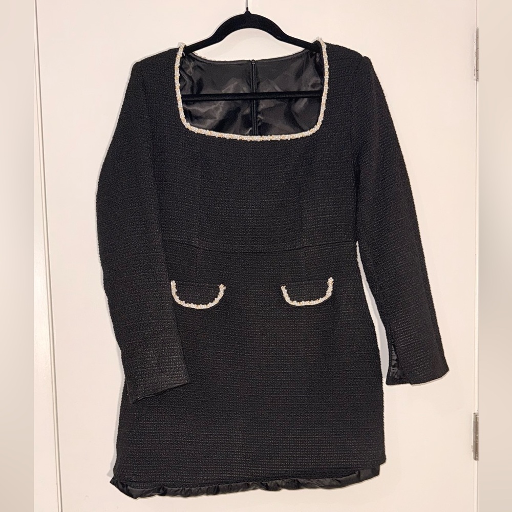 Elegant Black Long-Sleeve Dress with White Trim